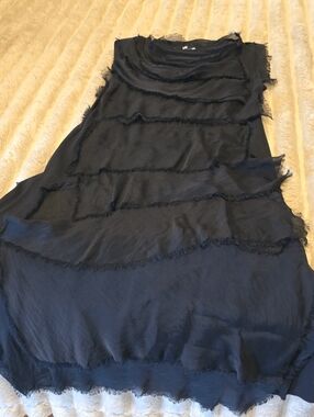 Tempo Paris Black Midi Dress with Frayed Layered Detail
